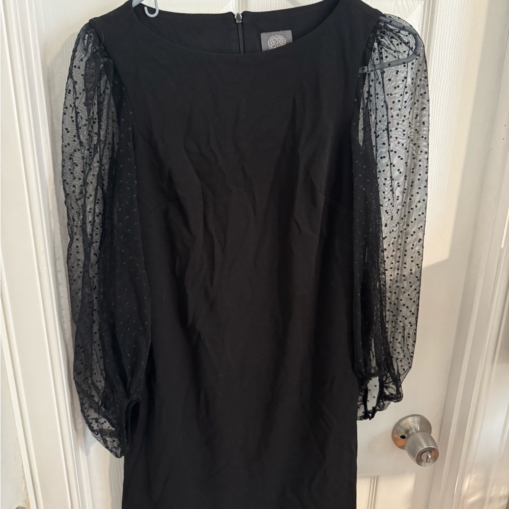 Vince Camuto Black Dress with Sheer Polka Dot Sleeves